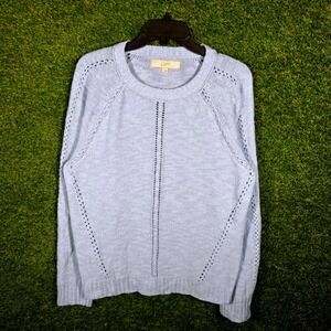 LOFT Womens Light Blue Pointelle Knit Raglan Sleeve Crewneck Sweater Large 2035